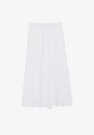 Weiße Hosen mit weitem Bein, einem Kordelzug in der Taille und Ösen-Spitzendetails entlang des wellenförmigen Saums.