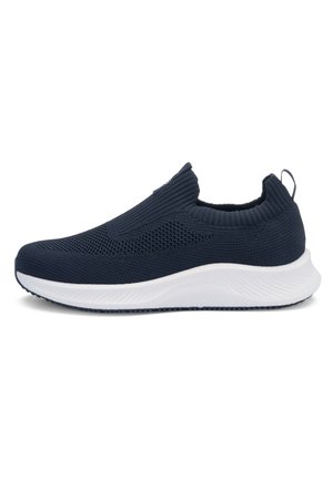 Marineblauer Slip-On Strick-Sneaker mit weißer, strukturierter Sohle und Zuglasche an der Ferse, entworfen für den Freizeitgebrauch.