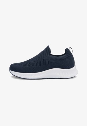 Marineblauer Slip-On Strick-Sneaker mit weißer, strukturierter Sohle und Zuglasche an der Ferse, entworfen für den Freizeitgebrauch.
