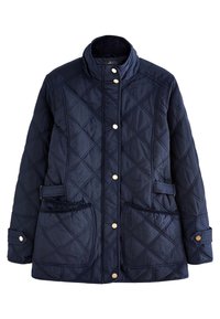 Giacca imbottita blu navy con colletto alto, bottoni automatici color oro, due tasche frontali e dettagli testurizzati su polsini e bordi delle tasche.