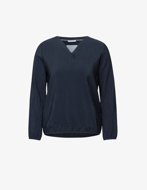 Tmavě modré tričko s dlouhým rukávem, výstřihem do V, strukturovanou tkaninou, detaily knoflíků u výstřihu a na gumičce ve spodní části pro uvolněný střih.