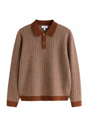 Brązowy sweter z długim rękawem o splotie jodełkowym, ciemniejszy brązowy kołnierz, listwa zapinana na dwa guziki oraz pasujące mankiety i dół.