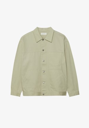Light green, button-up jacket made of cotton. Features two front patch pockets and a classic collar. Textured fabric with a smooth finish.