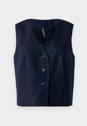 Tamsiai mėlynas berankovis liemenė su subtilia juostele ir keturiais juodais mygtukais priekyje.