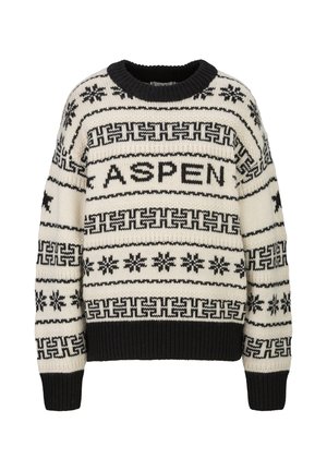 Pull tricoté crème et noir avec le mot "ASPEN" et des motifs géométriques et flocons de neige, col, poignets et ourlet côtelés.