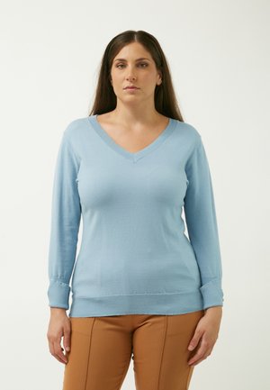 Hellblauer V-Ausschnitt-Pullover mit langen Ärmeln und gerippten Bündchen. Weicher, strukturierten Stoff mit figurbetontem Schnitt, kombiniert mit braunen Hosen.