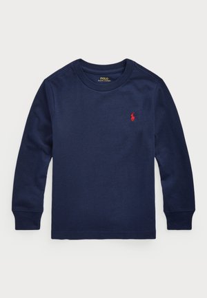 Granatowa koszulka z długim rękawem i okrągłym dekoltem, z czerwonym haftowanym logo Polo Ralph Lauren na lewej piersi.