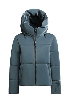 Polstret jakke i skifergrå, med høy krage og justerbar hette, frontglidelås og to sidelommer. Teksturert stoff med logodetalj.