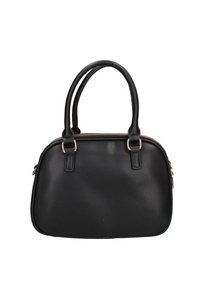 Borsa a spalla sintetica nera con superficie texturizzata, doppi manici, dettagli in metallo dorato e chiusura con zip. Forma rettangolare compatta.