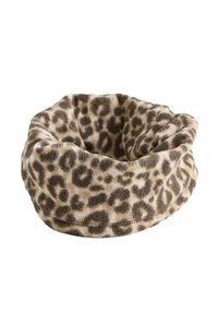 Leopárd mintás puha fleece nyakmelegítő, kör alakú, barna és krém színekben, texturált anyag, plüss érzetű és varrt szélekkel.