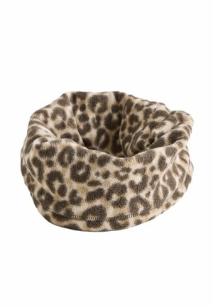 Leopardprint blød fleece halsvarmer, cirkulær form, brune og cremefarvede nuancer, tekstureret stof med en pluche følelse og syede kanter.