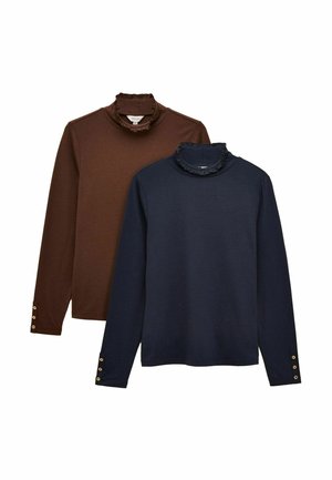 Zwei Langarmoberteile in Dunkelbraun und Marineblau, mit gerüschten hohen Kragen und Knopfakzenten an den Ärmeln. Weicher Stoff.