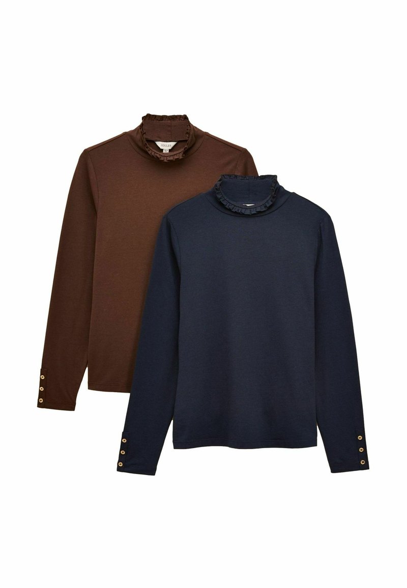 Dwie długie rękawy w kolorze ciemnobrązowym i granatowym, z falbankowymi wysokimi kołnierzami i guzikami na mankietach. Miękka tekstura materiału.