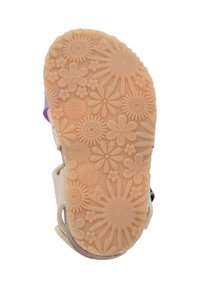 Rubberen sandaalzool met een gestructureerd patroon van bloemen en sterren, in perzikkleur. Beschikt over verstelbare banden en een gevormde stijl.