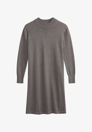 Graues Strickkleid mit langen Ärmeln und knielangem Schnitt, mit geripptem Stehkragen und Bündchen, das eine mittige Naht vertikal vorne verläuft.