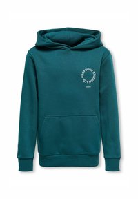 Turkusowa bluza z kapturem z przednią kieszenią, z kapturem ze sznurkiem oraz okrągłym białym logo z tekstem na lewej piersi. Miękka tkanina.