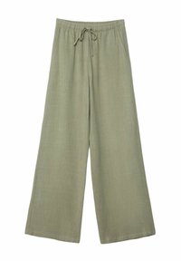 Pantalons larges vert clair en lin, dotés d'une taille élastique avec cordon de serrage, et d'un tissu lisse et texturé.