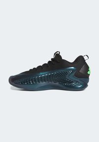 Black athletic shoe with a textured mesh upper, glossy teal accents, and a hexagonal pattern on the side. Features a padded collar and green logo.