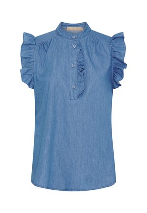 Lyseblå denimbluse med korte flæsekorte ærmer, en stand-up krave og knaplukning foran. Har en lodret flæse ned langs midten.