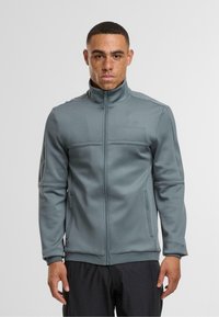 Szara bluza z zamkiem błyskawicznym, z wysokim kołnierzem, wykonana z gładkiego materiału. Posiada siateczkowe wstawki po bokach oraz na klatce piersiowej, a także subtelne logo na klatce piersiowej.