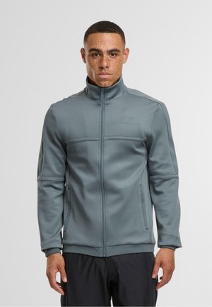 Grijze zip-up jas met een hoge kraag, gemaakt van een glad materiaal. Bevat gaaspaneel op de zijkanten en borst, en een subtiel logo op de borst.