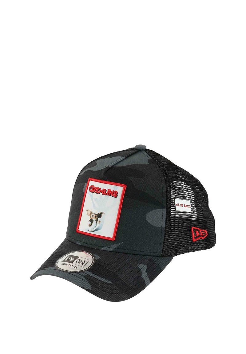 Black camo cap with mesh backing, featuring a red-framed "Gremlins" graphic patch. Adjustable fit with a curved brim and logo accent.