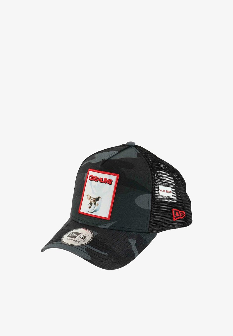 Black camo cap with mesh backing, featuring a red-framed "Gremlins" graphic patch. Adjustable fit with a curved brim and logo accent.
