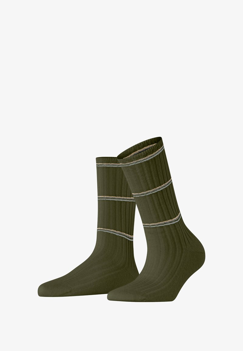 Calzini verde oliva con texture a coste. Presentano due strisce orizzontali in grigio chiaro e beige. Design alla caviglia con una forma aderente.