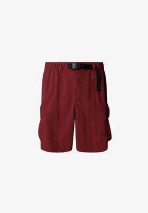 Bordeauxrote Cargo-Shorts mit elastischem Bund und verstellbarem Gürtel. Verfügt über zwei Seitentaschen zur Aufbewahrung. Hergestellt aus leichtem Stoff.