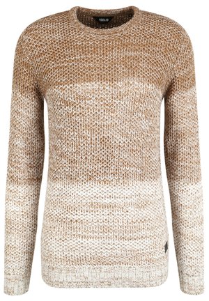 Adīts džemperis ar gradienta rakstu no brūnas līdz krēmkrāsai, apaļa kakla izgriezums, garas piedurknes un ribota apakšmala un piedurknes.