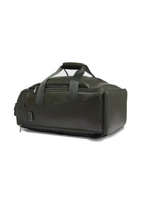 Borsa da viaggio verde in materiale resistente, con doppie maniglie, chiusura con cerniera e un design elegante e strutturato con una tasca laterale.