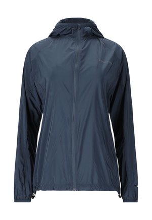 Marineblå letvægt hættejakke med fuld lynlås foran, lange ærmer, elastiske manchetter og justerbare snore i kanten.