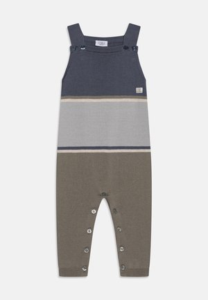 Strikket overall romper i marineblå, grå og olivengrøn med vandrette striber. Har knapdetaljer på skuldrene og trykknapper forneden.