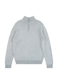 Pull en maille gris clair avec un col montant, une fermeture éclair quart de longueur, des poignets et un ourlet côtelés. La texture est douce, présentant un motif subtil et uniforme.