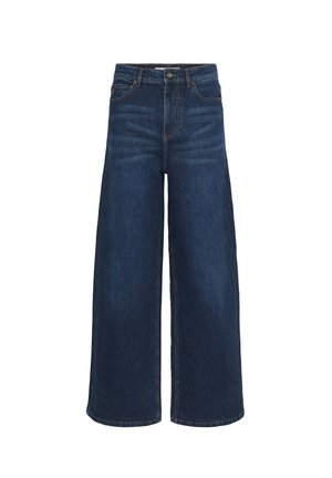 Wide-leg denim jeans in dark blue with a high waist, featuring front pockets, a button closure, and subtle faded detailing.