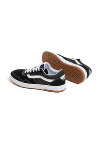 Black suede and leather sneakers with white accents, featuring a rubber gum sole, lace closure, and contrasting side stripe design.