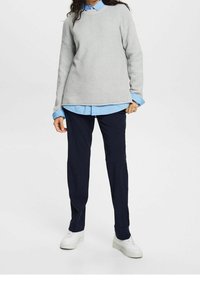 Grijze gebreide sweater met een ronde hals over een lichtblauw overhemd. Combinatie met donkerblauwe broek en witte sneakers.