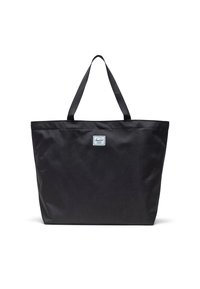 Borsa tote nera realizzata in tessuto resistente, con due manici robusti e una piccola etichetta del marchio in tessuto sul davanti. Forma rettangolare semplice.