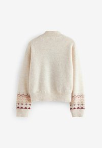 Sweter w kolorze kremowym z teksturowanym wykończeniem, z wzorzystymi akcentami w odcieniach różu i burgundu na rękawach. Żebrowany dekolt i mankiety.