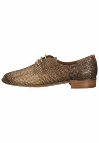 Scarpa da uomo in pelle marrone con motivo, dalla texture intrecciata, punta rotonda e lacci sottili; materiale in pelle con una leggera lucentezza e dettagli in legno sul tacco.