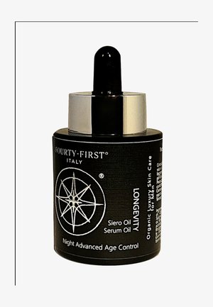 Flacon de sérum en verre noir avec un compte-gouttes en métal argenté. L'étiquette présente un texte blanc et un motif de boussole. Contient "Siero Oil" pour le contrôle de l'âge.