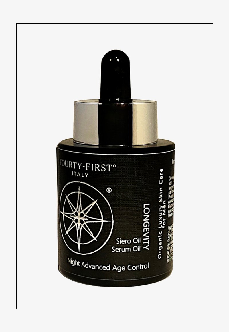 Zwarte glazen serumfles met een zilveren druppeltop. Het etiket bevat witte tekst en een kompasontwerp. Bevat "Siero Oil" voor leeftijdscontrole.