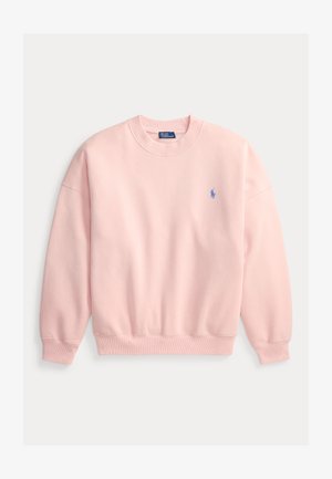 Jasnoróżowa bluza wykonana z miękkiego materiału. Posiada okrągły dekolt, ściągacze na mankietach i dole oraz małe niebieskie logo na lewej klatce piersiowej.