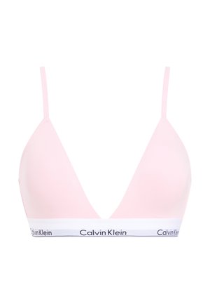 Pink triangle bralette made of soft fabric, featuring thin straps and a white elastic band with a black "Calvin Klein" logo.