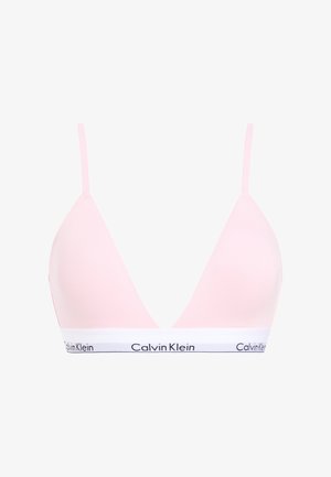 Bralette em triângulo rosa, feito de tecido suave, apresentando alças finas e uma faixa elástica branca com o logótipo preto "Calvin Klein".