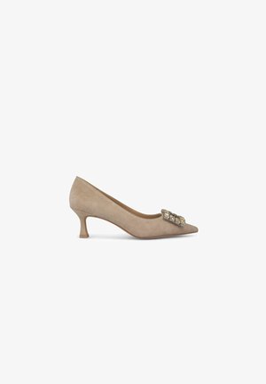 Pump in suede beige con punta affilata e tacco basso. Presenta un embellishment in gioiello sulla punta. Texture liscia, design semplice.