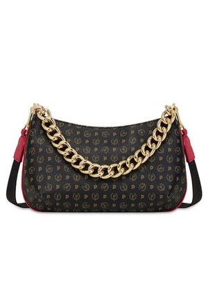 Borsa a tracolla nera con motivo, tracolla in catena d'oro, dettagli rossi, texture liscia e forma arrotondata. Presenta un design con logo su tutta la superficie.