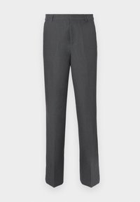Pantalon formel gris foncé avec passants de ceinture, jambes droites et fermeture frontale dissimulée.