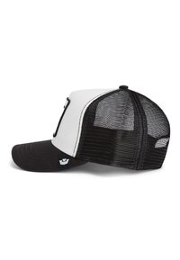 Black and white trucker cap with mesh back panel and curved brim, shown from the side on a white background.