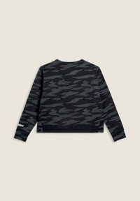 Felpa nera a maniche lunghe con un motivo a camouflaggio grigio, polsini a costine e collo rotondo. Piccolo logo bianco sulla manica sinistra.